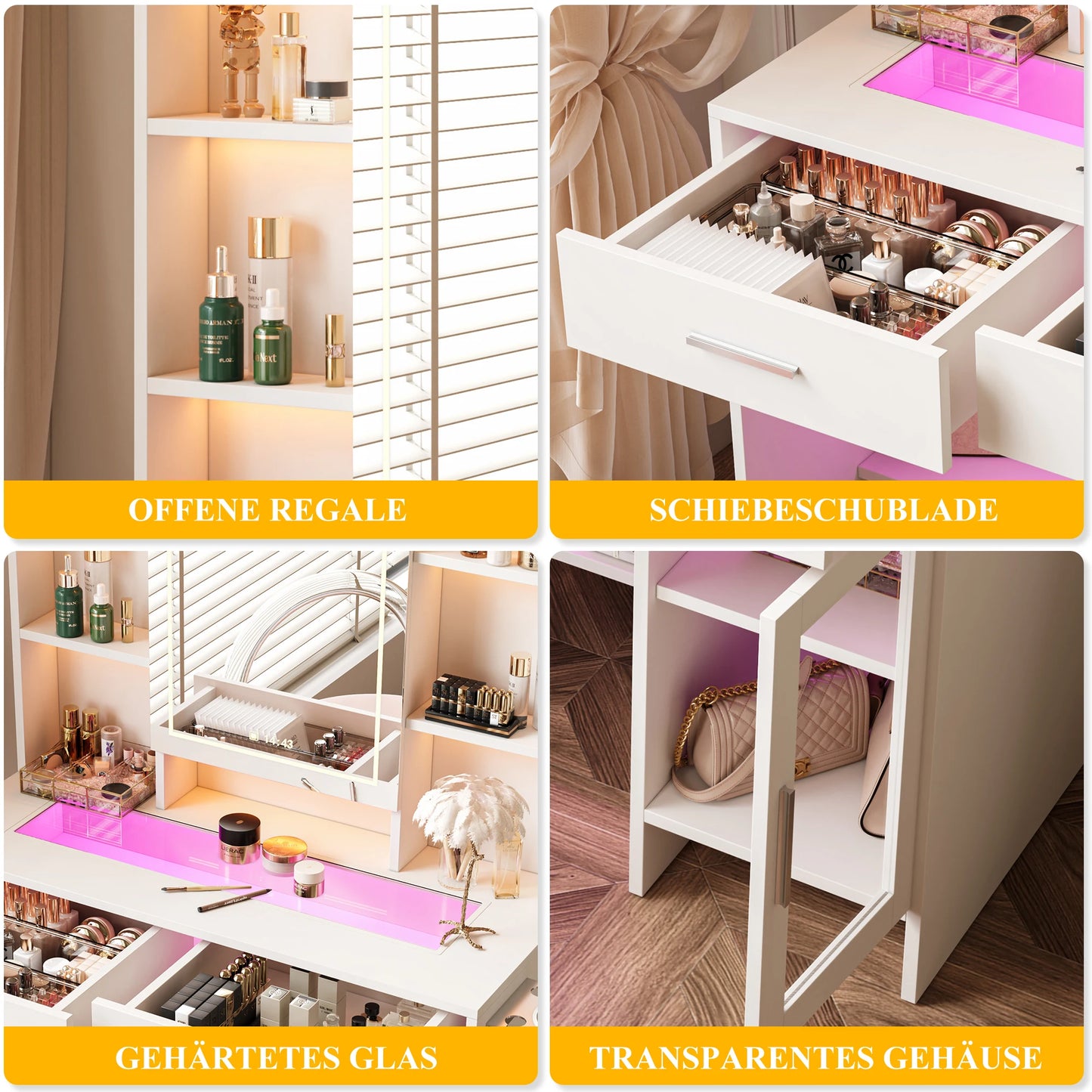 Make-uptafel – Kaptafel – Schminktisch – Dressing table – Witte variant – Verstelbare LED-verlichting – Ruime Opberglades