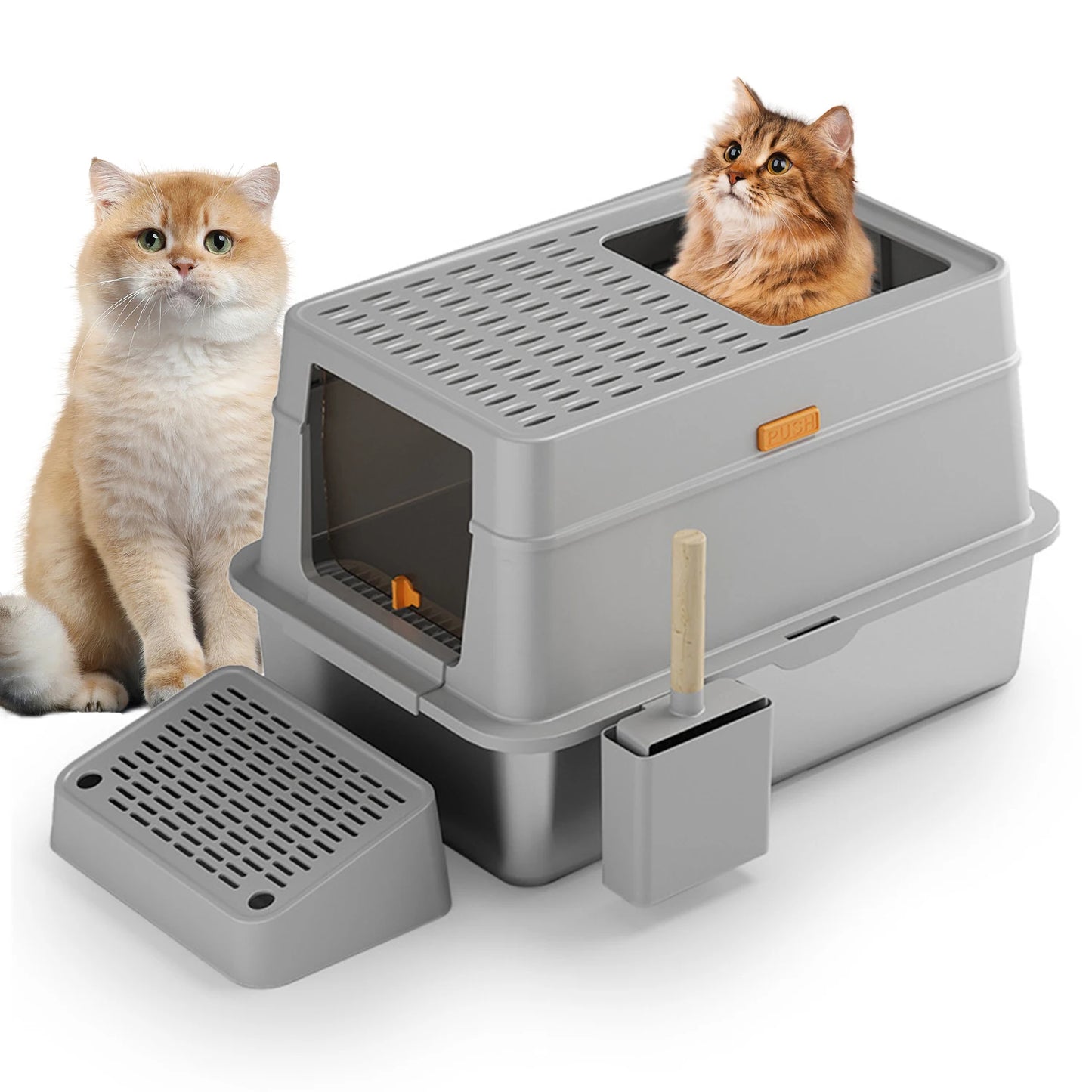 RVS Kattenbak - Kattentoilet Roestvrijstaal - Kattenbak - Incl. Kattenbakschep met Houder en Gritopvang Opstapje - 3-in-1 - Grote - 60x40x39cm - Grijs