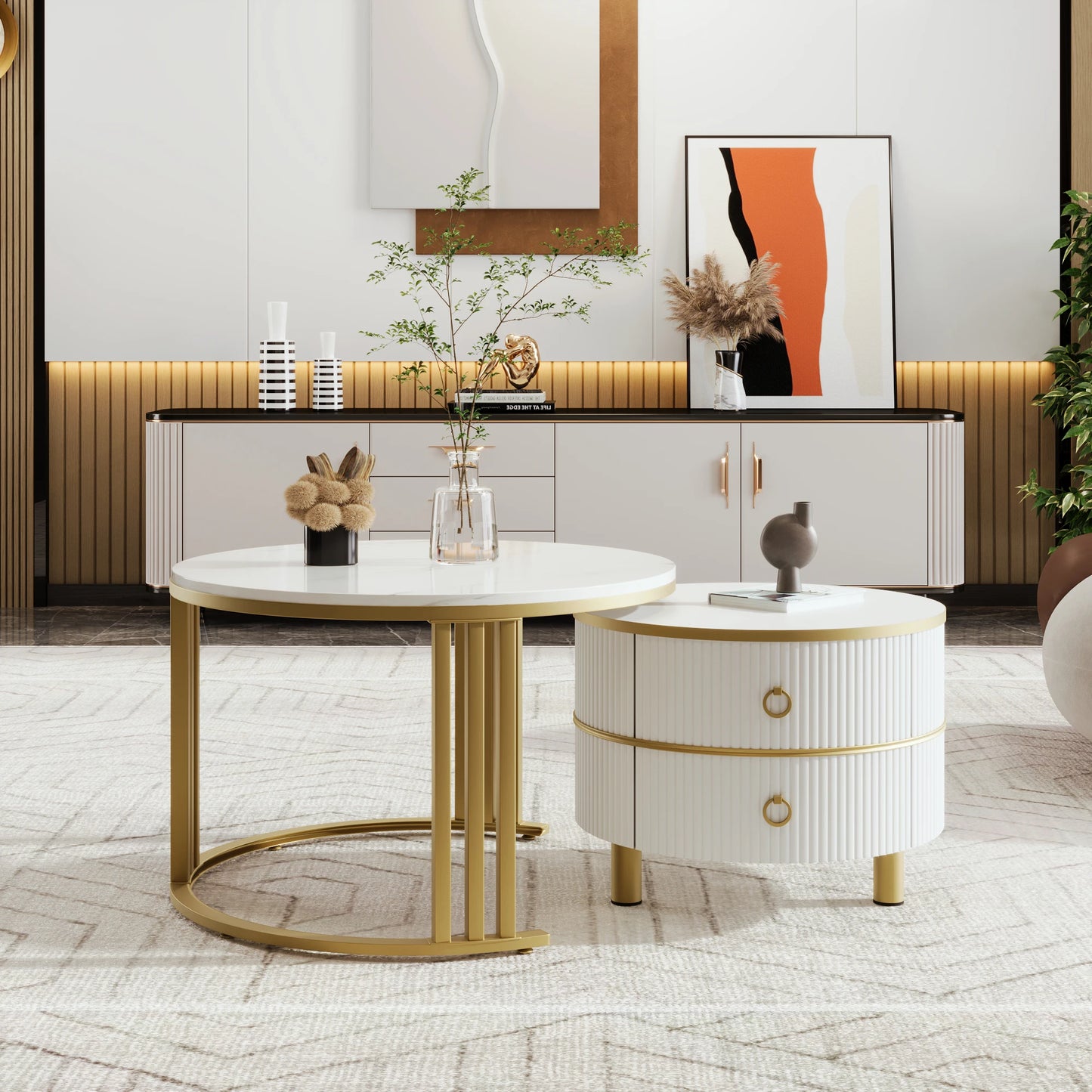 Salontafel - Set Van 2 Bijzettafels – Opbergtafel – Nachtkastje – Moderne Tafels – Marmerpatroon – Gouden Frame - Wit