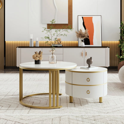 Salontafel - Set Van 2 Bijzettafels – Opbergtafel – Nachtkastje – Moderne Tafels – Marmerpatroon – Gouden Frame - Wit