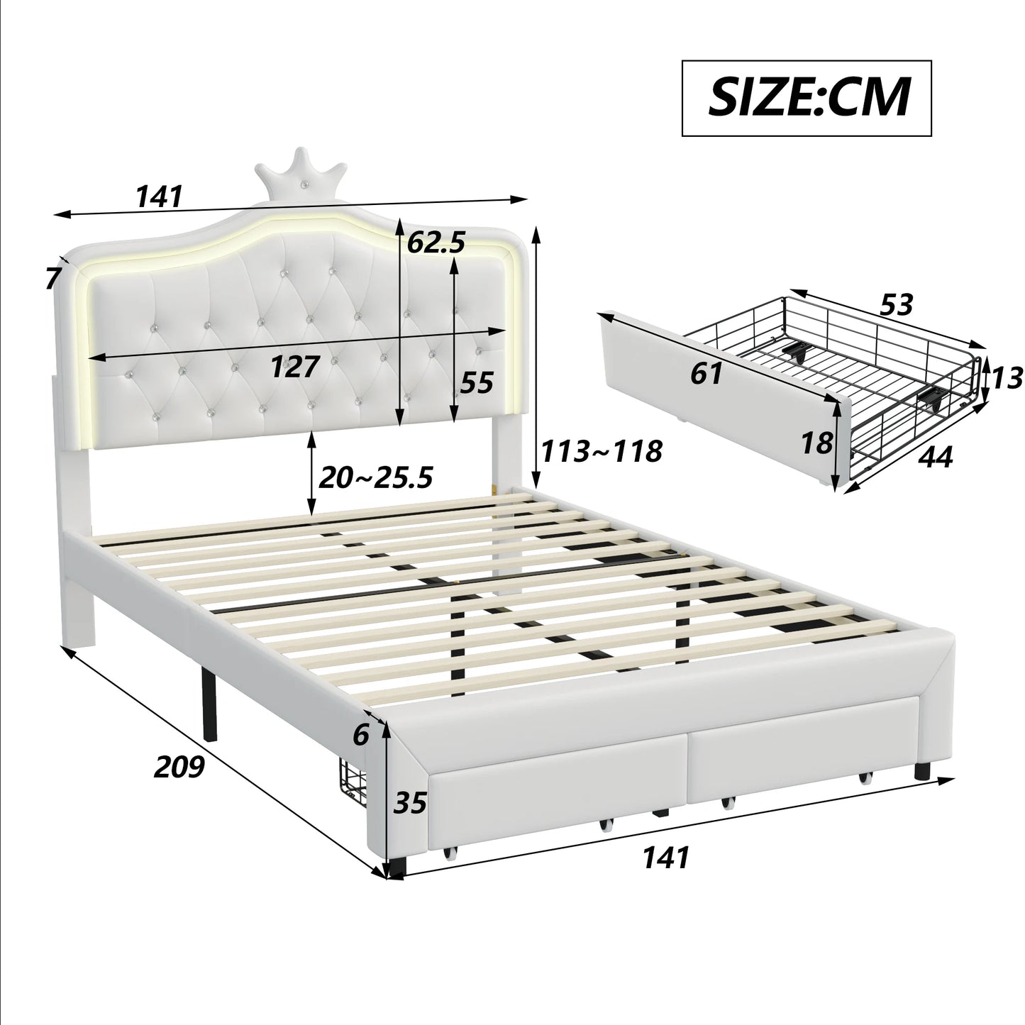 Kinderbed – Peuterbed – Eenpersoonsbed – Meisjesbed – Prinsessenbed – 140x200 cm – Met Kroonvormige Hoofdsteun – Inclusief Opberglades - QUORE