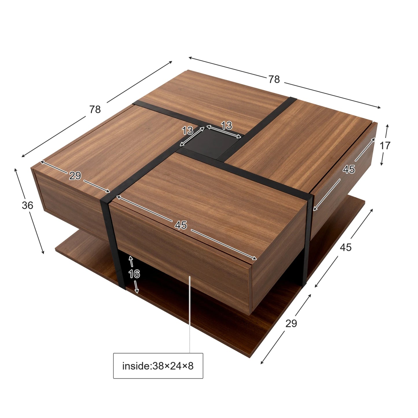 Salontafel – Koffietafel – Opbergtafel – Woonkamertafel – Houten Tafel – 78x78x36 Cm – Vier Lades - Bruin