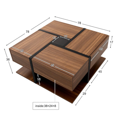 Salontafel – Koffietafel – Opbergtafel – Woonkamertafel – Houten Tafel – 78x78x36 Cm – Vier Lades - Bruin