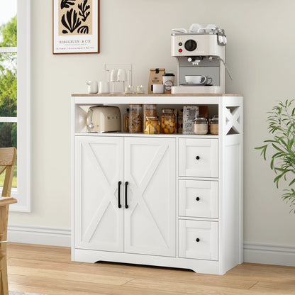 Houten Dressoir – Opbergkast – Sideboard – Kast – Ladekast – Wit Met Houtaccenten – 3 Laden & 2 Deuren – Compact 100x40x72,3 cm