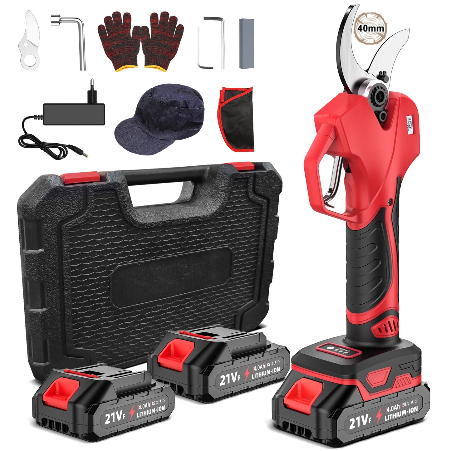 Elektrische Snoeischaar - 40mm - Accu Snoeischaar - 900W - Takkenschaar - Heggenschaar - Digitale Display - Voor Bomen - en Tuinonderhoud - 2 Accu - Rood