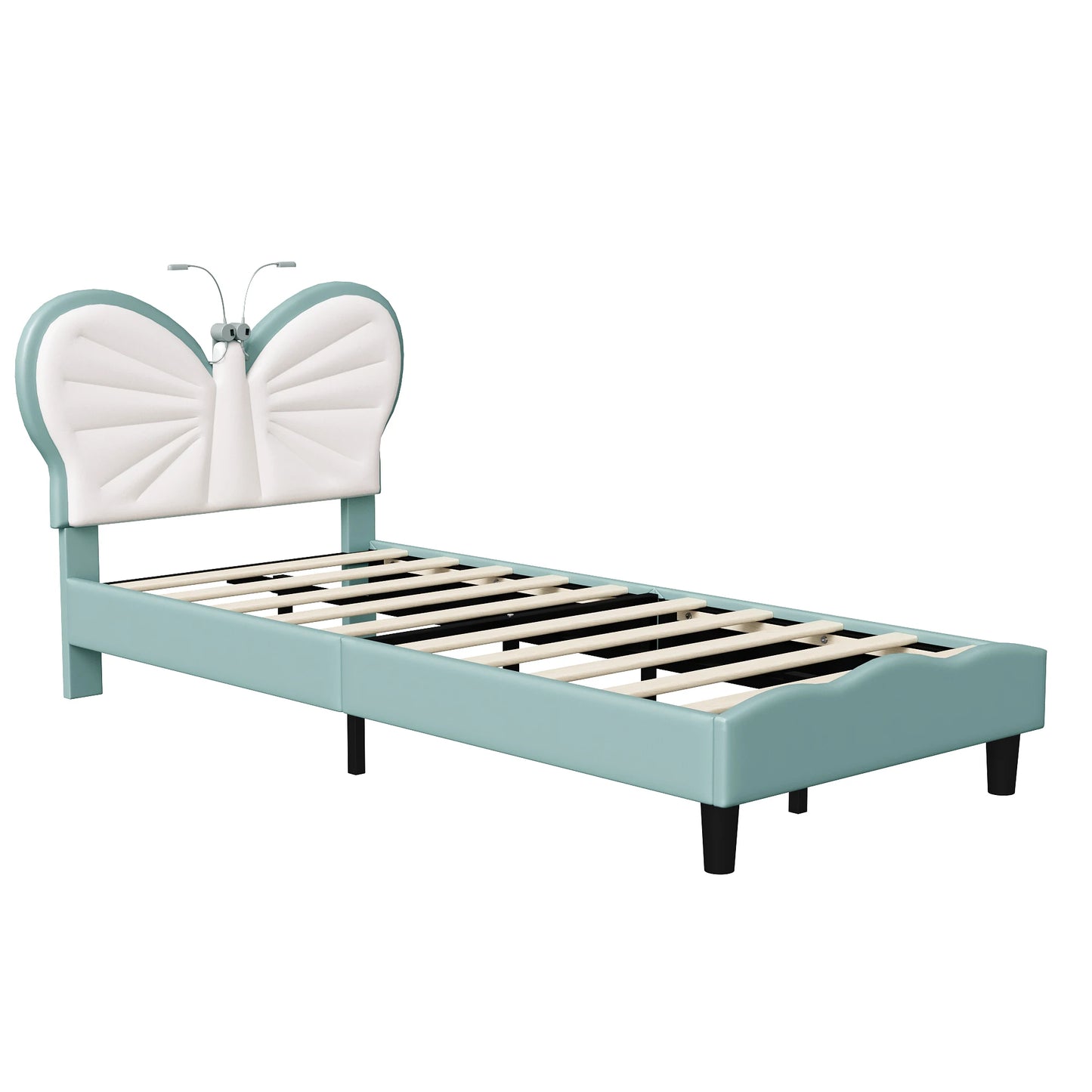 Kinderbed – Eenpersoonsbed – Meisjesbed – Jongensbed – Bedframe – Vlinderhoofdeinde Blauw – Velvet Bekleding – LED Leestlampje – Verstelbare Hoogte – 90x200 cm - QUORE