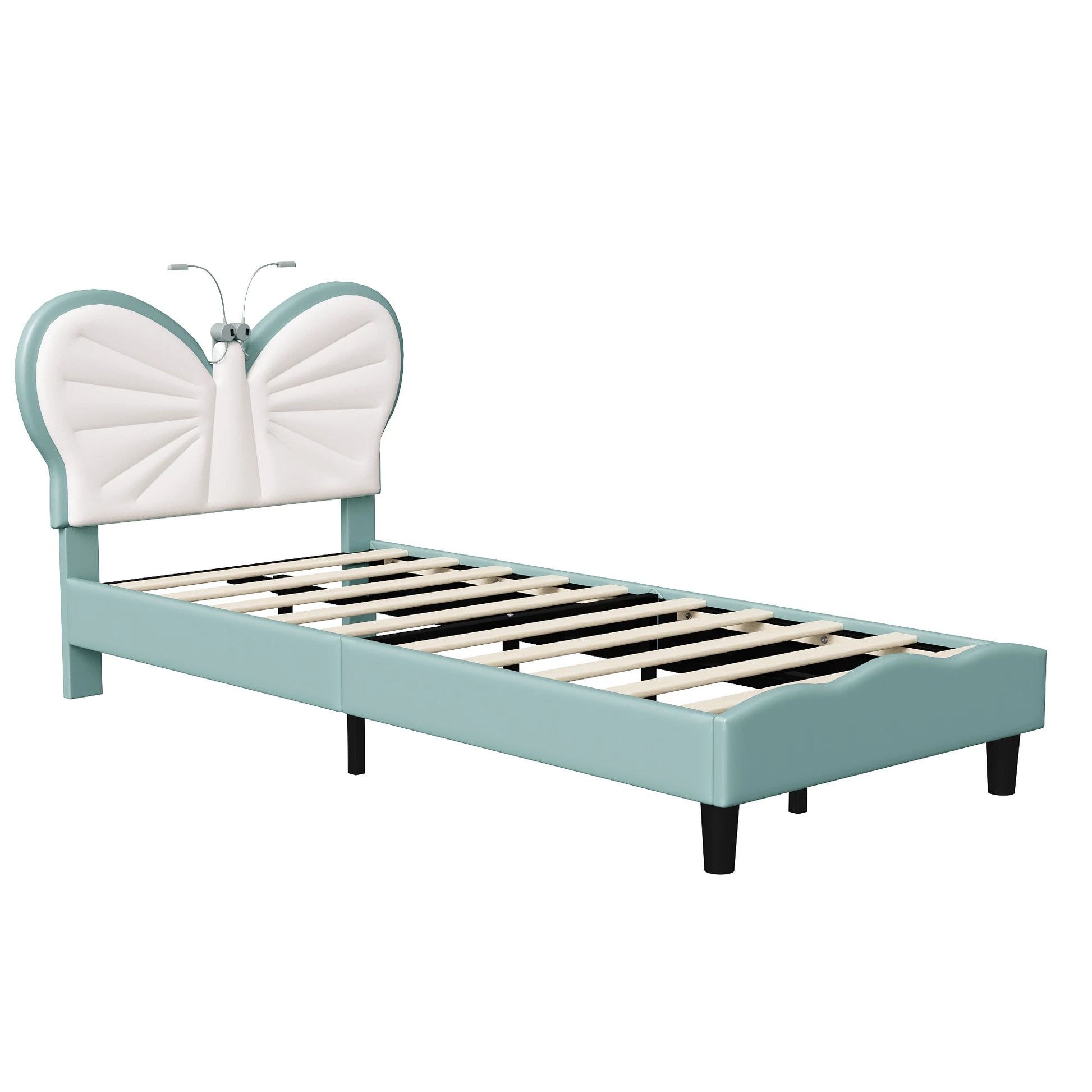 Kinderbed – Eenpersoonsbed – Meisjesbed – Jongensbed – Bedframe – Vlinderhoofdeinde Blauw – Velvet Bekleding – LED Leestlampje – Verstelbare Hoogte – 90x200 cm - QUORE