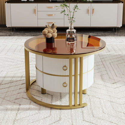 Salontafel – Bijzettafel – Woonkamertafel – 2-in-1 Tafel – MDF En Dennenhout – Glazen Blad – Opberglade - Wit