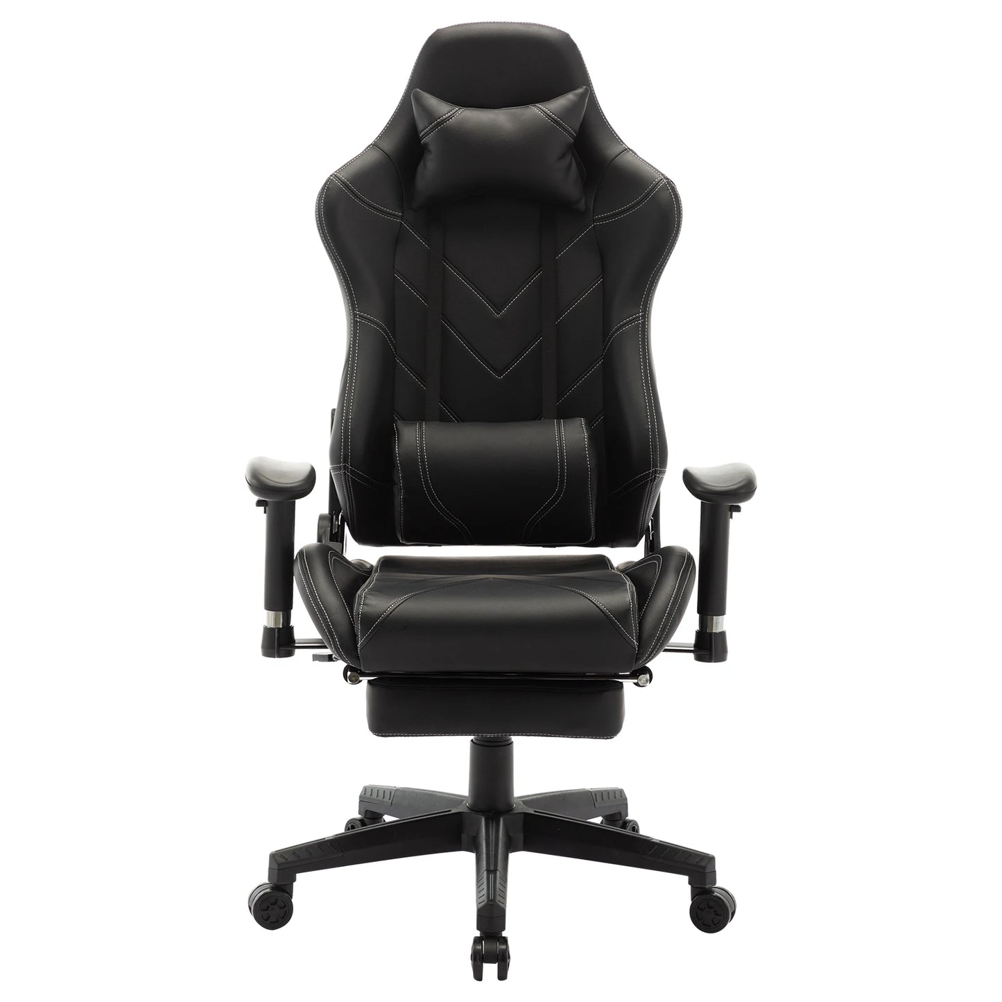 Gaming Stoel - Bureau – Racing - Ergonomische - Verstelbare - met Voetsteun - 155° Ligstand - Nekkussen - Lenden - Kunstleer – 360° Draaibare Wielen - Tot 136 kg Draagvermogen - Zwarte Stof
