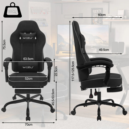 Gaming Stoel - met Voetsteun - Bureaustoel - Ergonomische - Verstelbare - Extra Brede Zitting - Tech-stof - 150 kg Draagvermogen - 145° Kantelbaar - Zwart