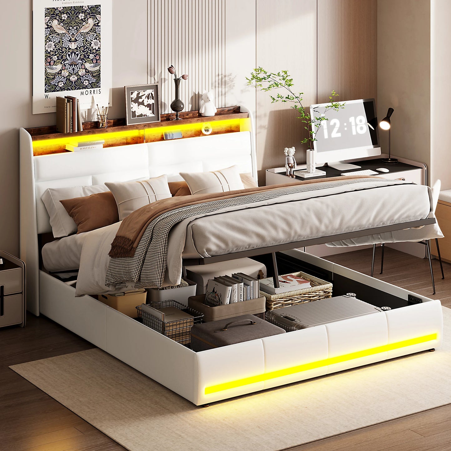 Twijfelaar Bed – Led Bed – Opbergbed – Bed Met Usb-Poorten – Hydraulisch Bed – Wit 140x200 CM – Hydraulische Opbergruimte – Ingebouwde Led-Verlichting