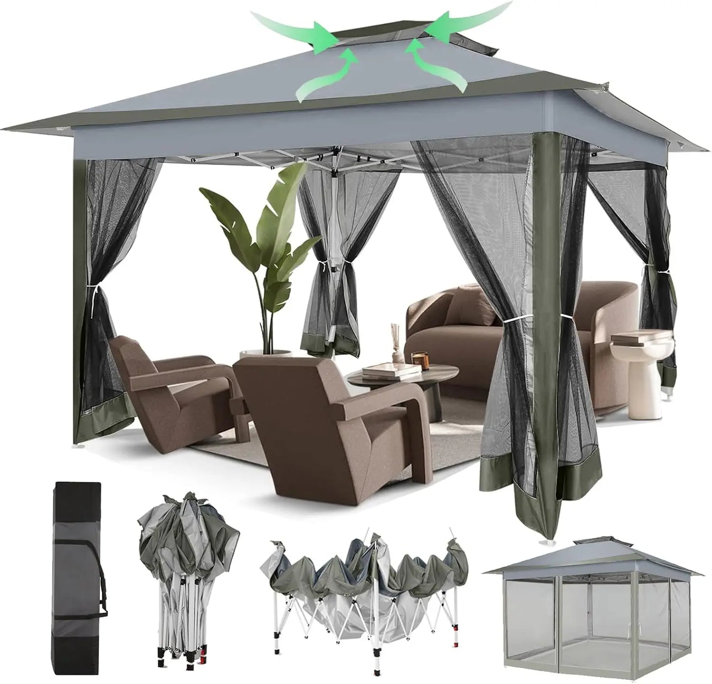 Prieel - Tuinprieel - Partytent - Tuintent - Pop-up Prieel - Stabiel - Vouwtent - met Muggengaas - Opvouwbaar - Waterdicht - Hoogte Verstelbaar - 50+UV-Bescherming - voor Tuin - Buiten - Achtertuin - Oxford-stof - 3 x 3 m - Donkergrijs - QUORE