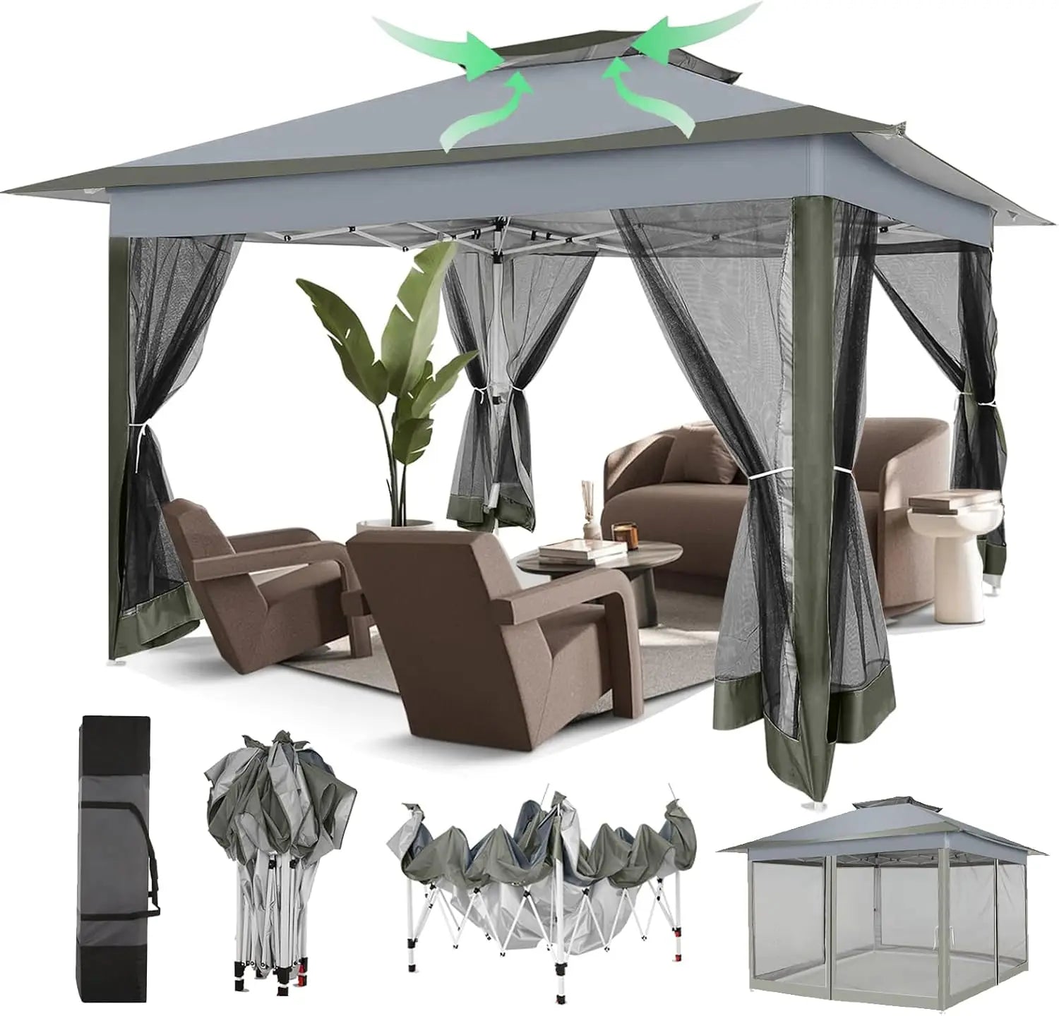 Prieel - Tuinprieel - Partytent - Tuintent - Pop-up Prieel - Stabiel - Vouwtent - met Muggengaas - Opvouwbaar - Waterdicht - Hoogte Verstelbaar - 50+UV-Bescherming - voor Tuin - Buiten - Achtertuin - Oxford-stof - 3 x 3 m - Donkergrijs - QUORE