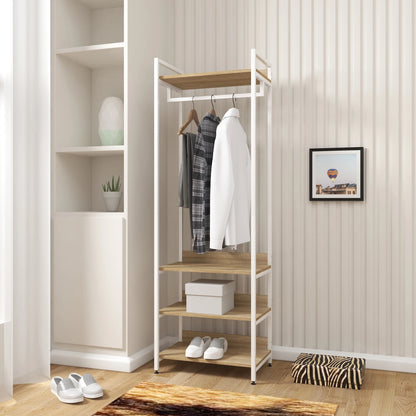 Kapstok met Schoenenbank - Staande Kapstok - Garderoberek - 3 Legplanken - Industrieel Design - 170cm Hoog - Licht Eiken Zwart