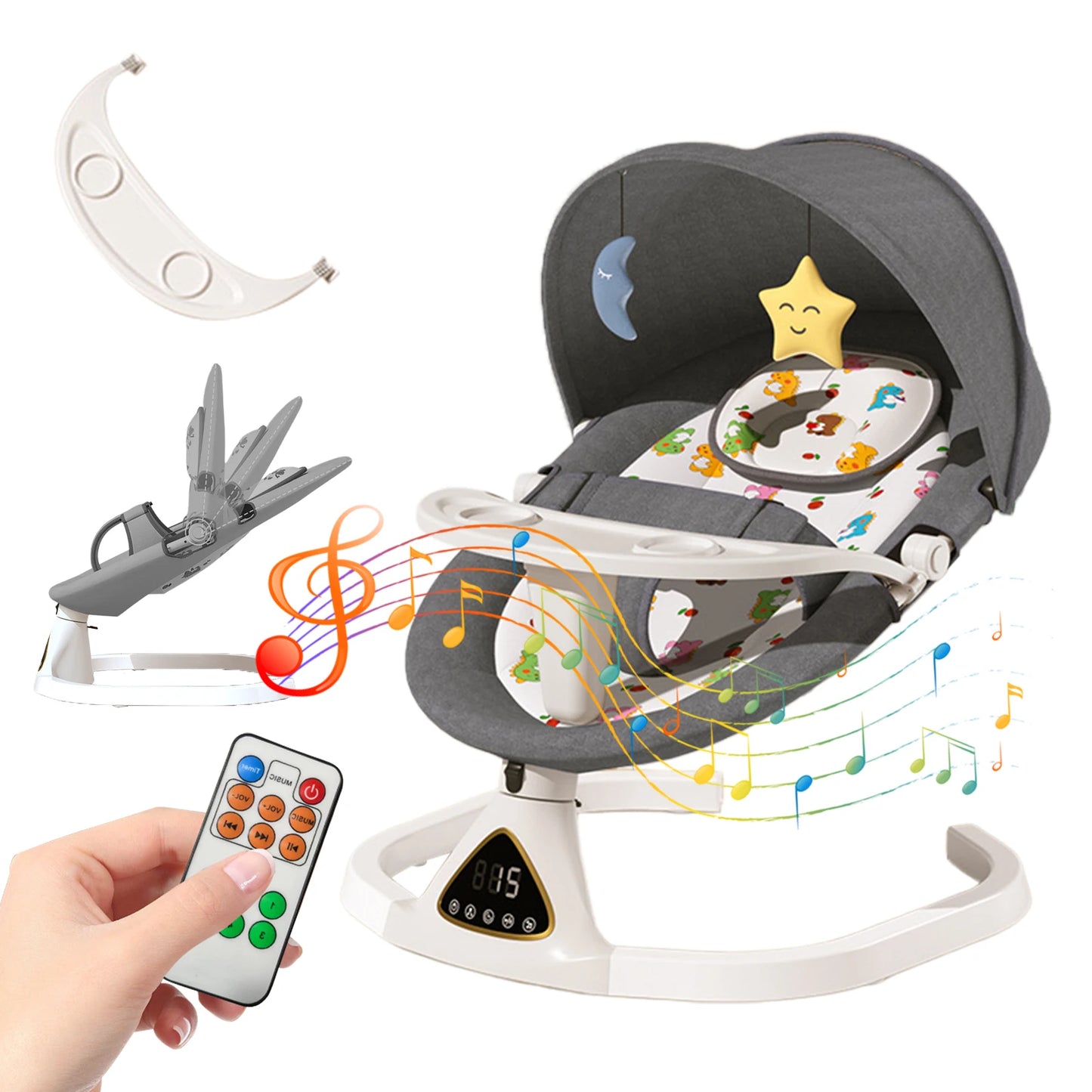 Wiegstoel voor Baby's - Elektrische Wipstoel - Babybedje - Wipstoel  - Elektrische Schommelstoel  - Babyschommel- Baby Swing - Kinderstoel - Automatisch Schommelstoeltje met Afstandsbediening en 5-Puntsgordel - Bluetooth - Grijs