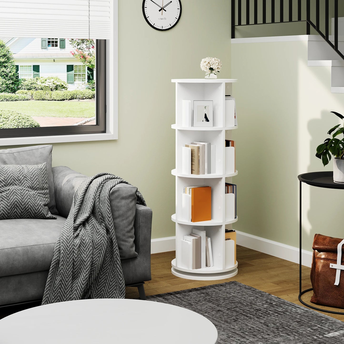 Roterende Boekenkast – 360° Draaibaar Boekenrek met 4 Verdiepingen en 16 Compartimenten – Compact Opslagsysteem – 127,4 cm Hoog – Ideaal voor Kinderkamer, Woonkamer of Kantoor – Moderne Boekenkast in Wit
