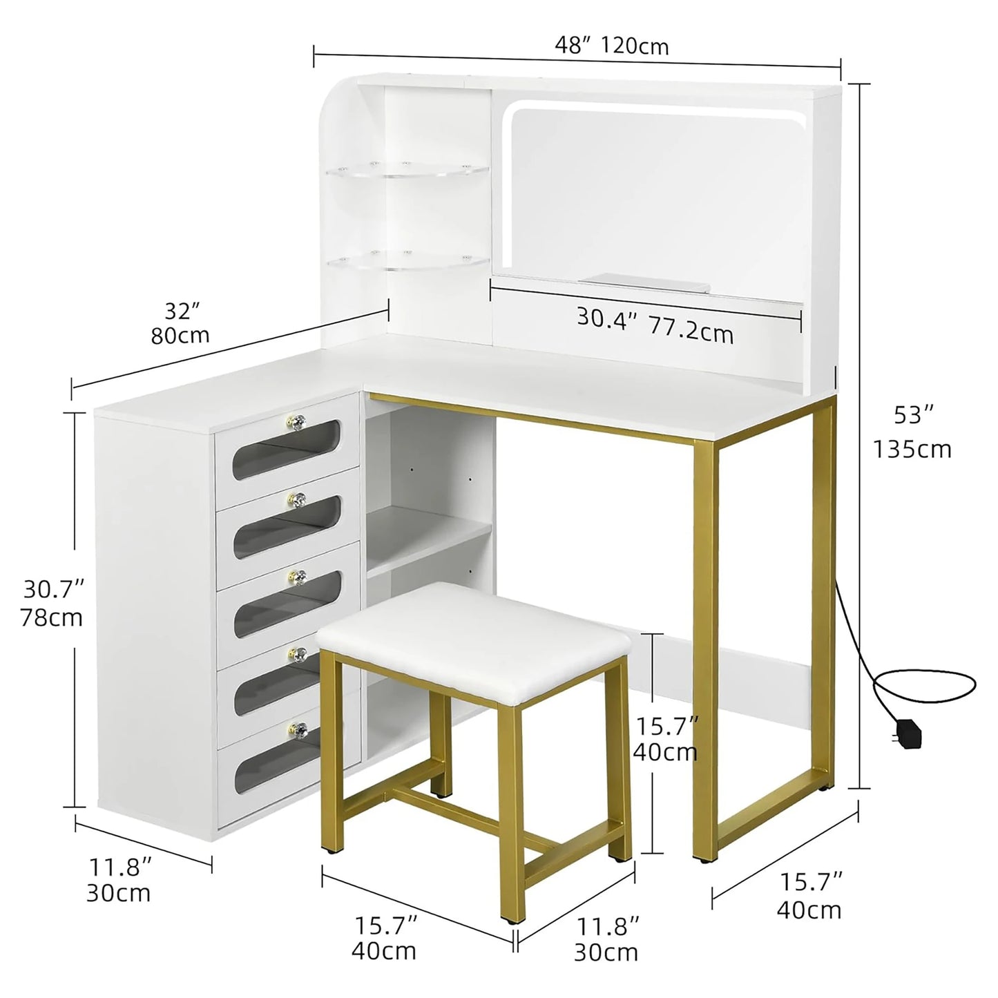L-vormige Make-up Tafel – Kaptafel – Schoonheidstafel – Dressing Table – Hoekmeubel – Wit – LED Spiegel met 3 Lichtstanden – Gestoffeerde Kruk