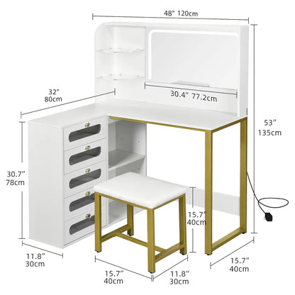 L-vormige Make-up Tafel – Kaptafel – Schoonheidstafel – Dressing Table – Hoekmeubel – Wit – LED Spiegel met 3 Lichtstanden – Gestoffeerde Kruk
