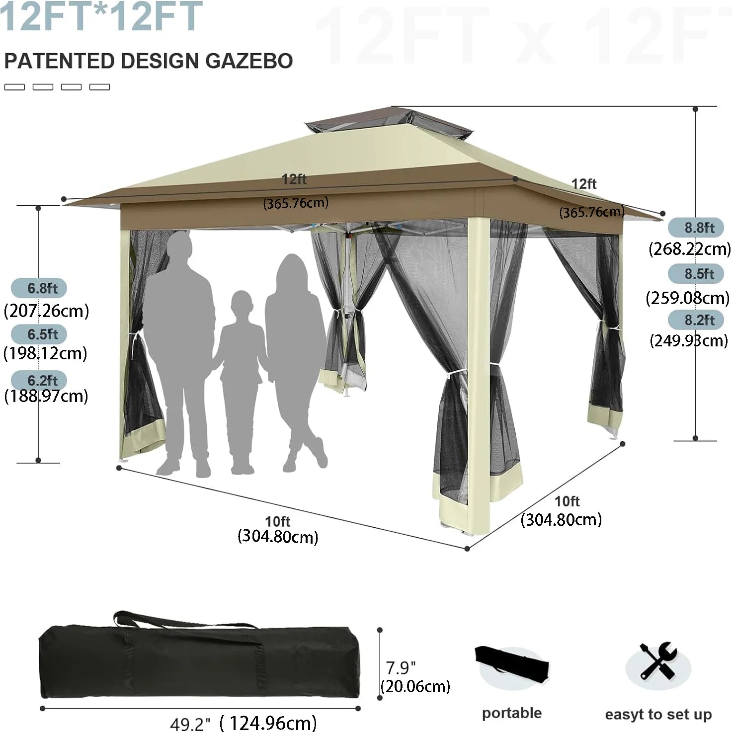 Paviljoen – Tuinpaviljoen – Partytent – Overkapping – Schaduwdoek – Waterafstotend – UV-Bescherming - 3 x3 Meter - Bruin - QUORE