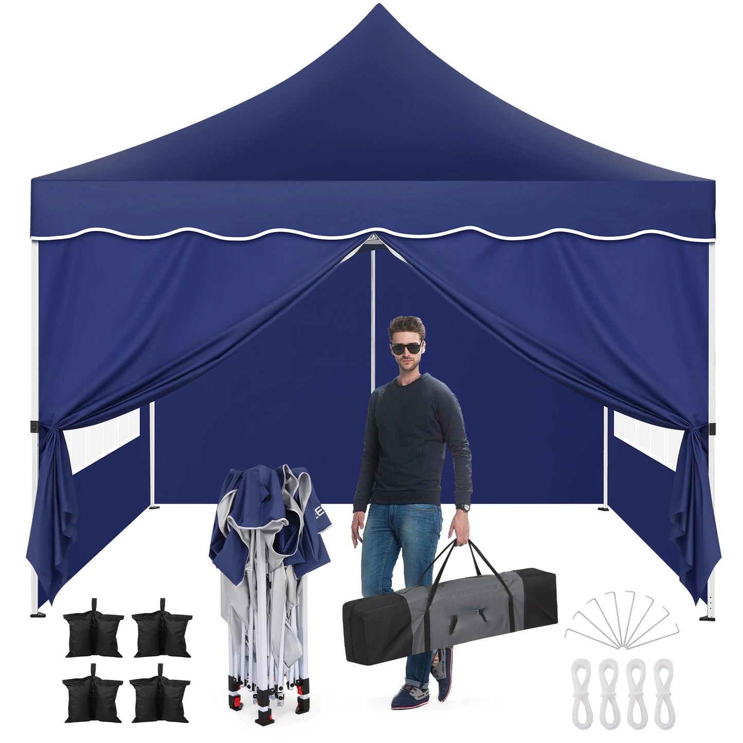 Opvouwbaar Paviljoen – Partytent – Tuinpaviljoen – Marktstand – Schaduwdoek – Waterdicht – Verstelbaar Frame - Donkerblauw