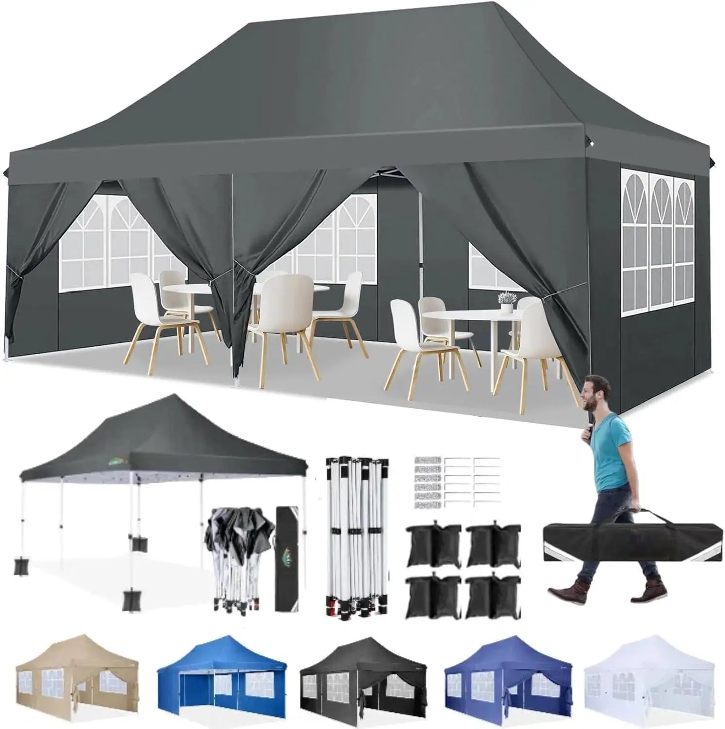Gevouwen Gazebo – Overkapping – Tuentent – Partytent – 3x6 Meter – Waterdicht Oxford – Verstelbare Hoogte - Grijs - QUORE