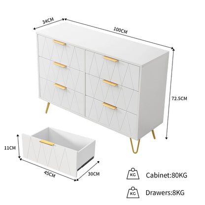 Ladekast – Kommode – Opbergkast – Dressoir – Ladenkast – Wit Met Gouden Handgrepen – 6 Ruime Laden – Met Anti-Kantelbeveiliging