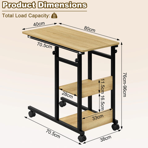 C Vormige Bijzettafel - Koffietafel - Laptoptafel - Verstelbare Hoogte - Wielen - Opbergvakken - Afgeronde Hoeken - Licht Eiken