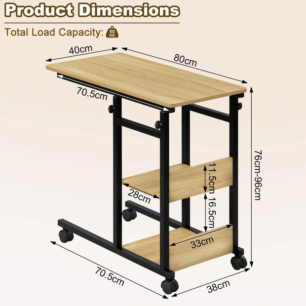 C Shaped Side Table - Coffee Table - Laptop Table - Adjustable Height - Wheels - Storage Compartments - Rounded Corners - Light Oak