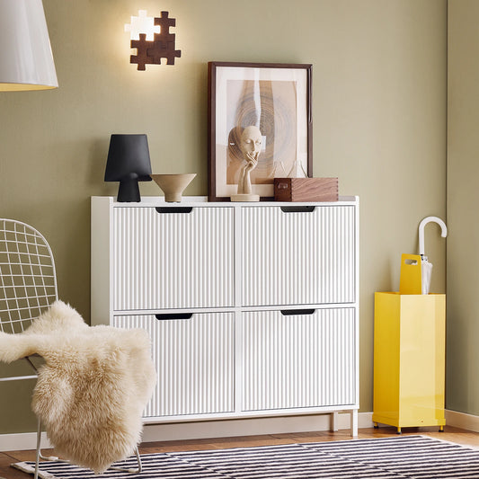 Schoenenkast – Schoenenrek – Schoenenopberger – Schoenenkast met kleppen – Smal ontwerp – MDF en metaal – 4 kleppen – Compact 100x91x19 cm - QUORE