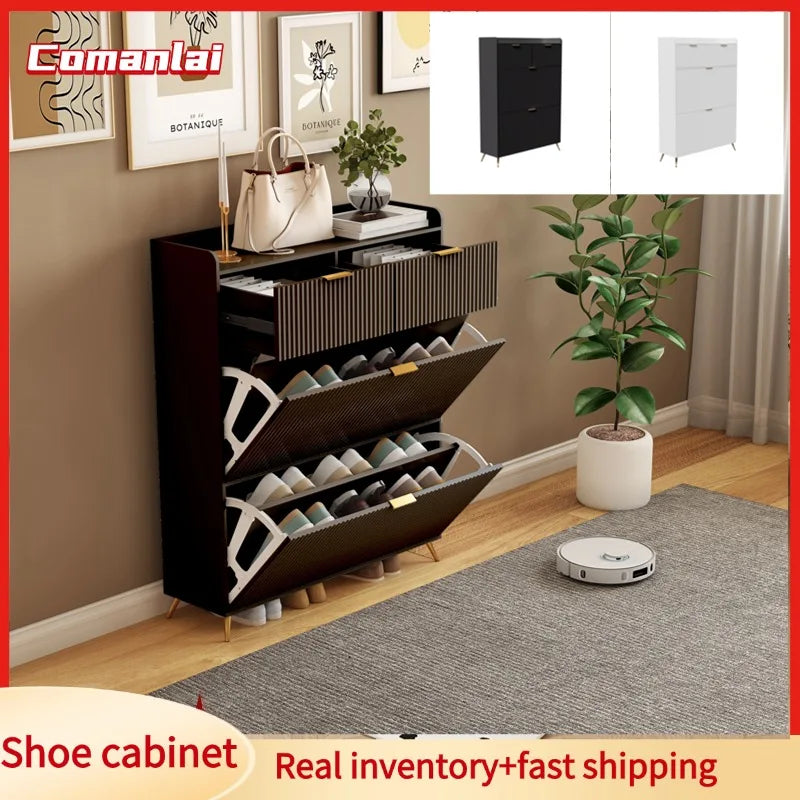 Schoenenkast – Schoenenrek – Schoenopberger – Schoenenschuifkast – Halmeubel – Wit – Met Deuren en Laden – Compact 80x24x110 cm – Hout en Metaal