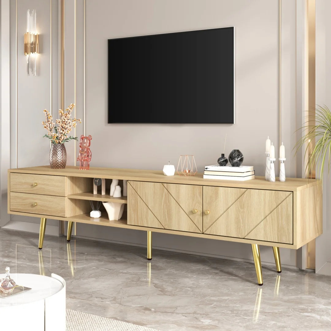 Tv-Meubel – Tv-Kast – Mediameubel – Opbergmeubel – Licht Eiken Finish – Gouden Metalen Poten - 160 x 36  x 42 - Houtkleur