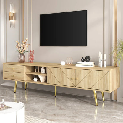 Tv-Meubel – Tv-Kast – Mediameubel – Opbergmeubel – Licht Eiken Finish – Gouden Metalen Poten - 160 x 36  x 42 - Houtkleur