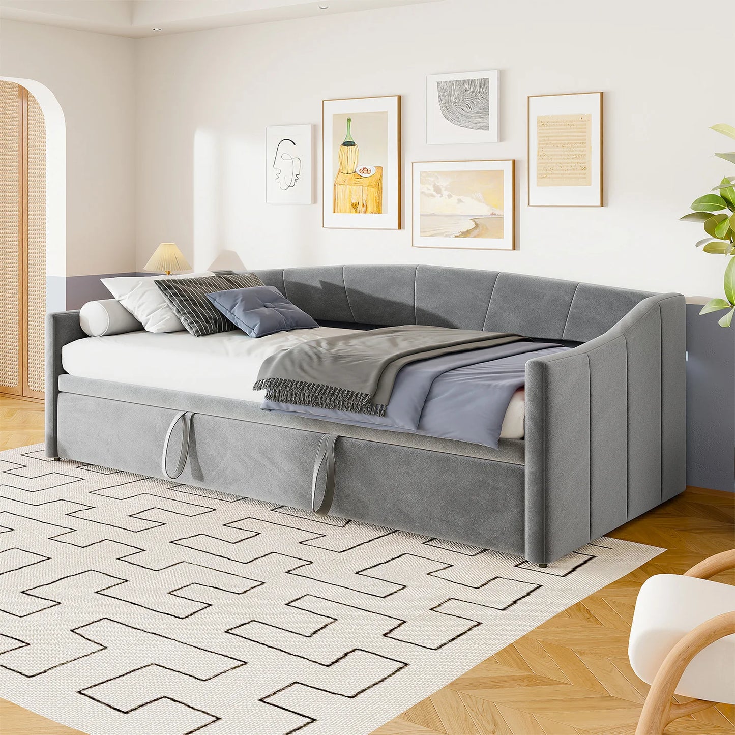 Slaapbank – Bedbank – Uitklapbare Bank – Slaapbank Zonder Matras – Grijs – Velvetstof – Compact 90x200 cm – Uitklapbaar Tot 180x200 cm