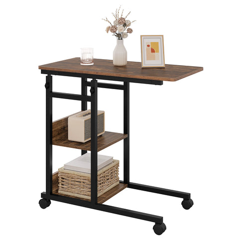 C Vormige Bijzettafel - Koffietafel - Laptoptafel - Verstelbare Hoogte - Wielen - Opbergvakken - Afgeronde Hoeken - Licht Eiken