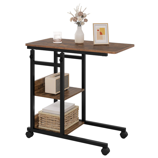 C Shaped Side Table - Coffee Table - Laptop Table - Adjustable Height - Wheels - Storage Compartments - Rounded Corners - Light Oak