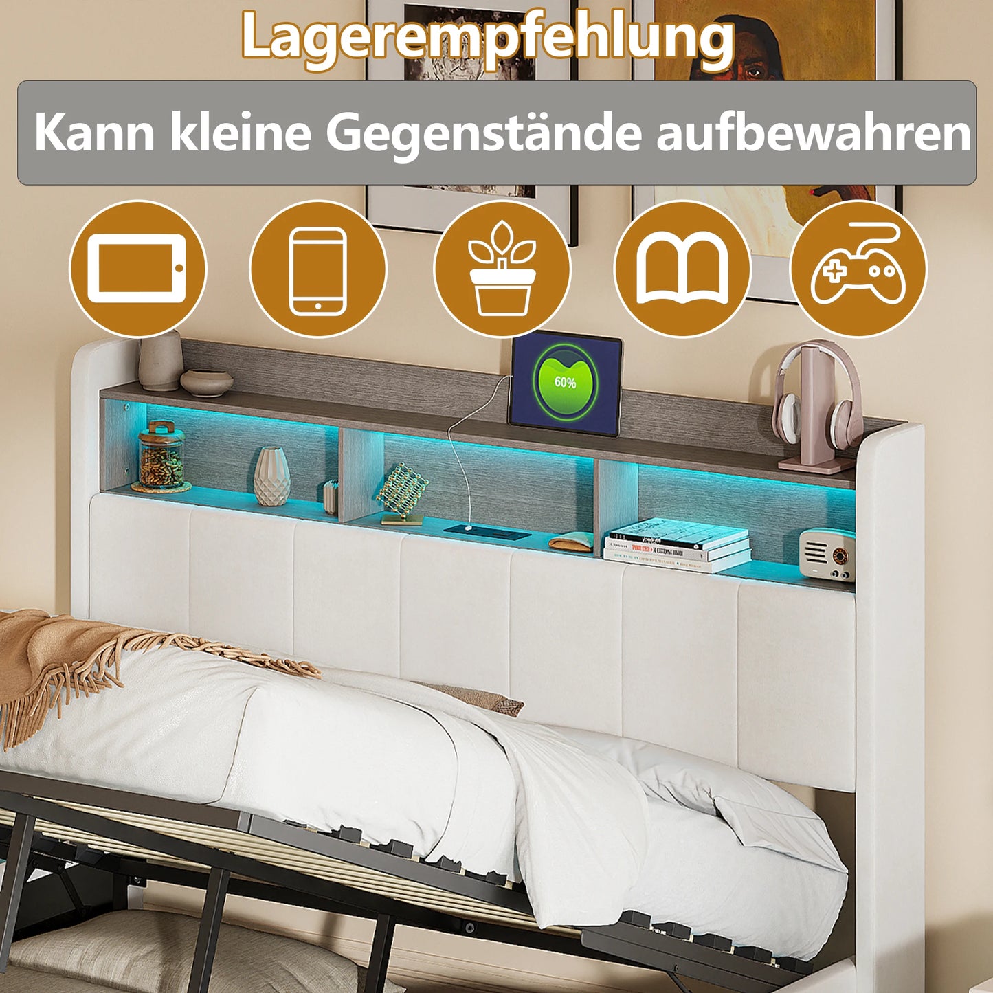 Boxspring 160x200 cm – Tweepersoonsbed – Gestoffeerd Bed – Ledverlichting Bed – Opbergladen Bed – Metalen Frame – Velvet Bekleding – Stevig Met Centraal Versteviging