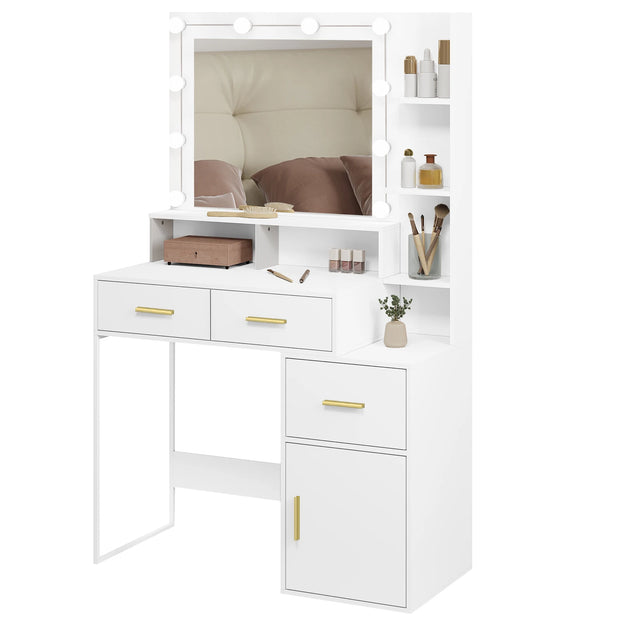 Kaptafel - Make-up Tafel - Kaptafel met spiegel en verlichting - Verstelbare - Helderheid - 10 LED - 1 Tafelblad - 2 Lades - 1 Opbergvak - 3 Planken - 90x143x39.5 cm - Wit