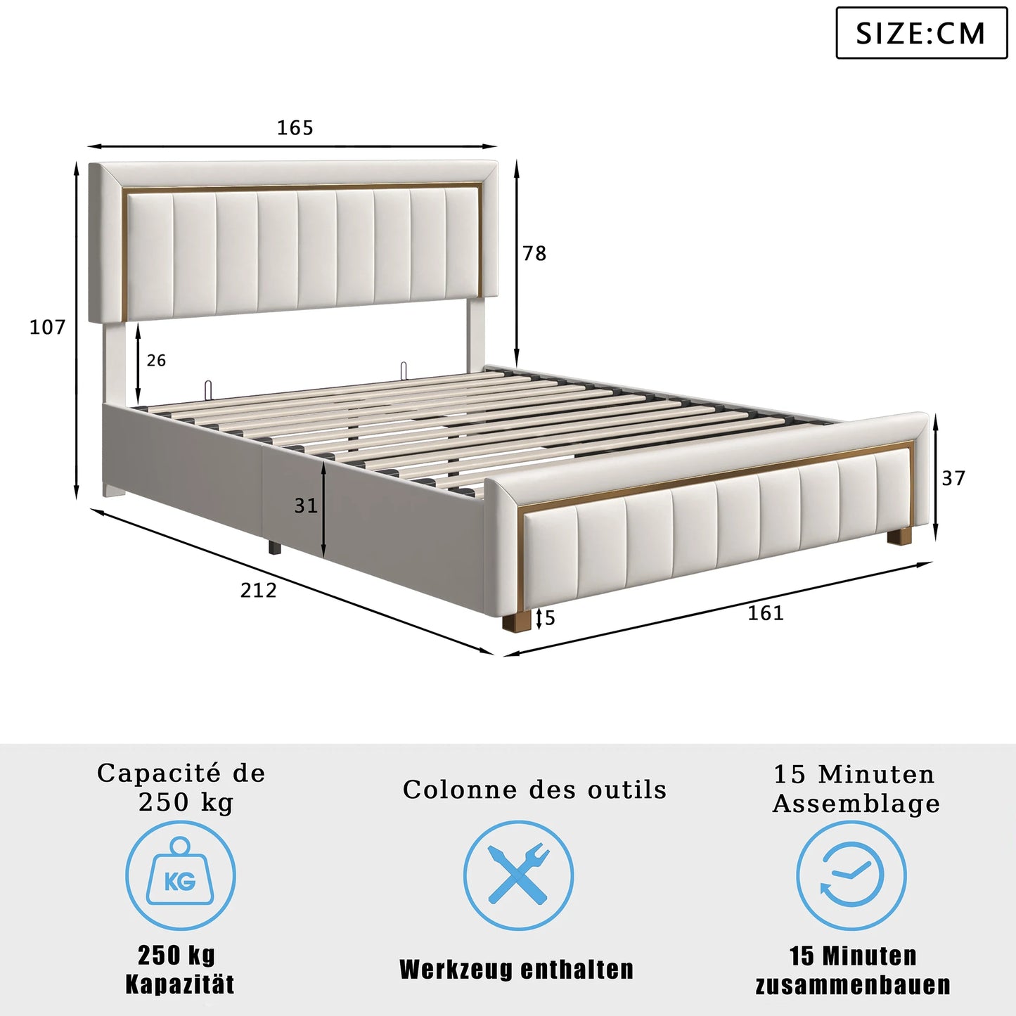 Rosahqnda Padded Platform bed with Hydraulic Storage System, Double Bed frame Modern Box Spring bed Without Mattress