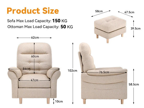 Relaxstoel – Verstelbare Stoel – Zitstoel – Fauteuil – Voetenbank – 4-Standen Rugleuning – Opbergruimte Voetenbank - Beige