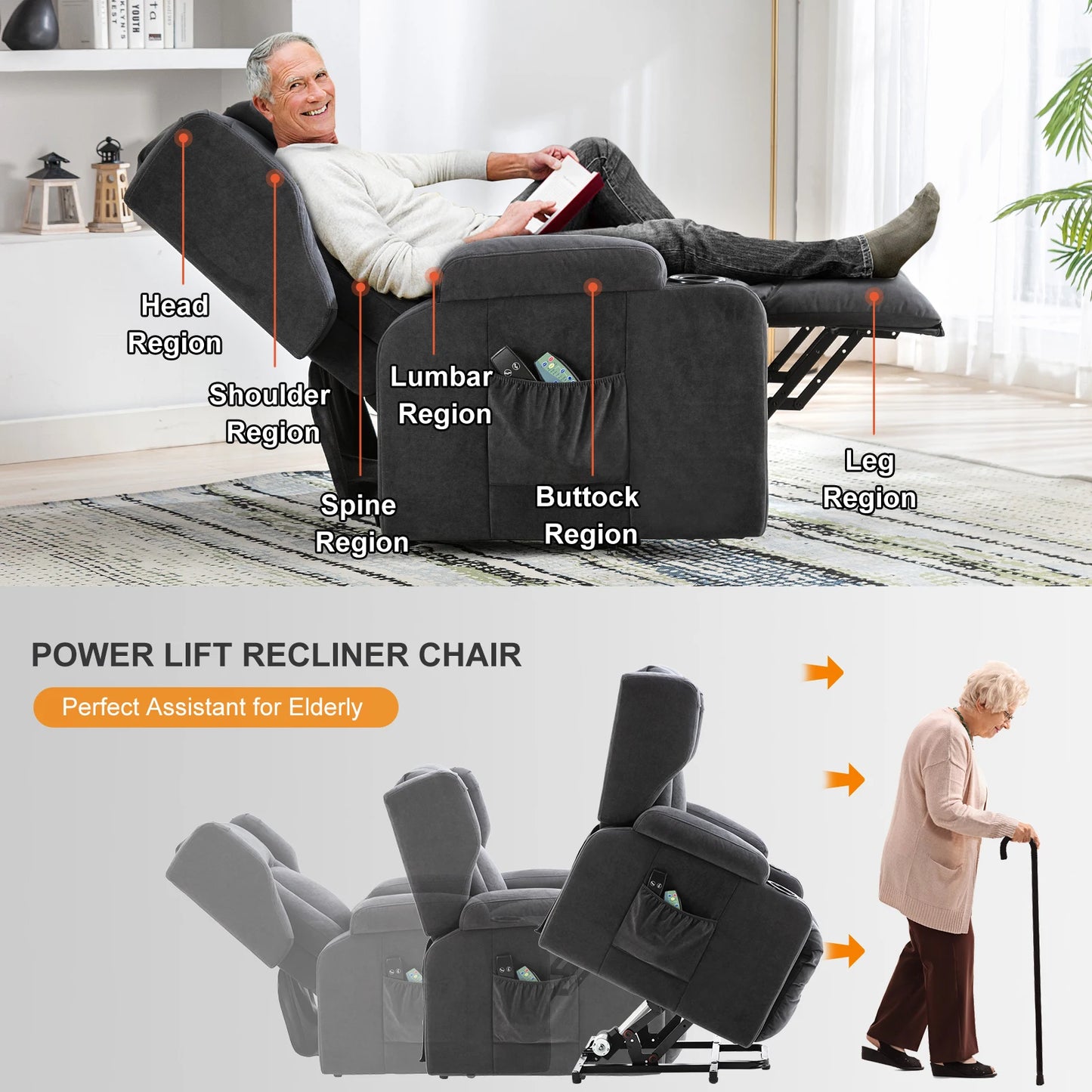 Elektrische Relaxfauteuil – Relaxstoel – Liftsysteem – Massagefauteuil – Verstelbare Rugleuning – Warmtefunctie – Draaglast 150 Kg - 75 x 83 x 100 cm - Grijs - QUORE