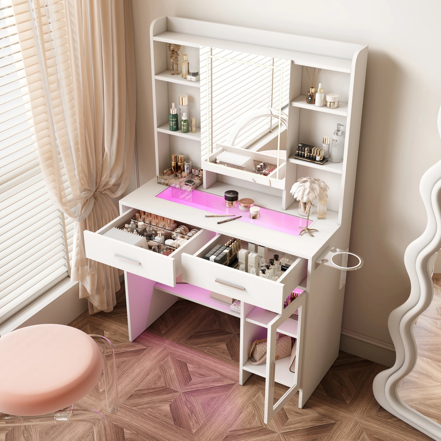 Make-up Tafel – Kaptafel – Schminktisch – Make-up Bureau – Verstelbare LED Verlichting – Wit Glasblad Met Laden – Hoekopstelling
