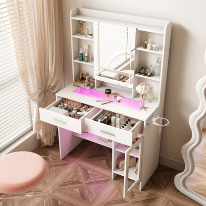 Make-up Tafel – Kaptafel – Schminktisch – Make-up Bureau – Verstelbare LED Verlichting – Wit Glasblad Met Laden – Hoekopstelling