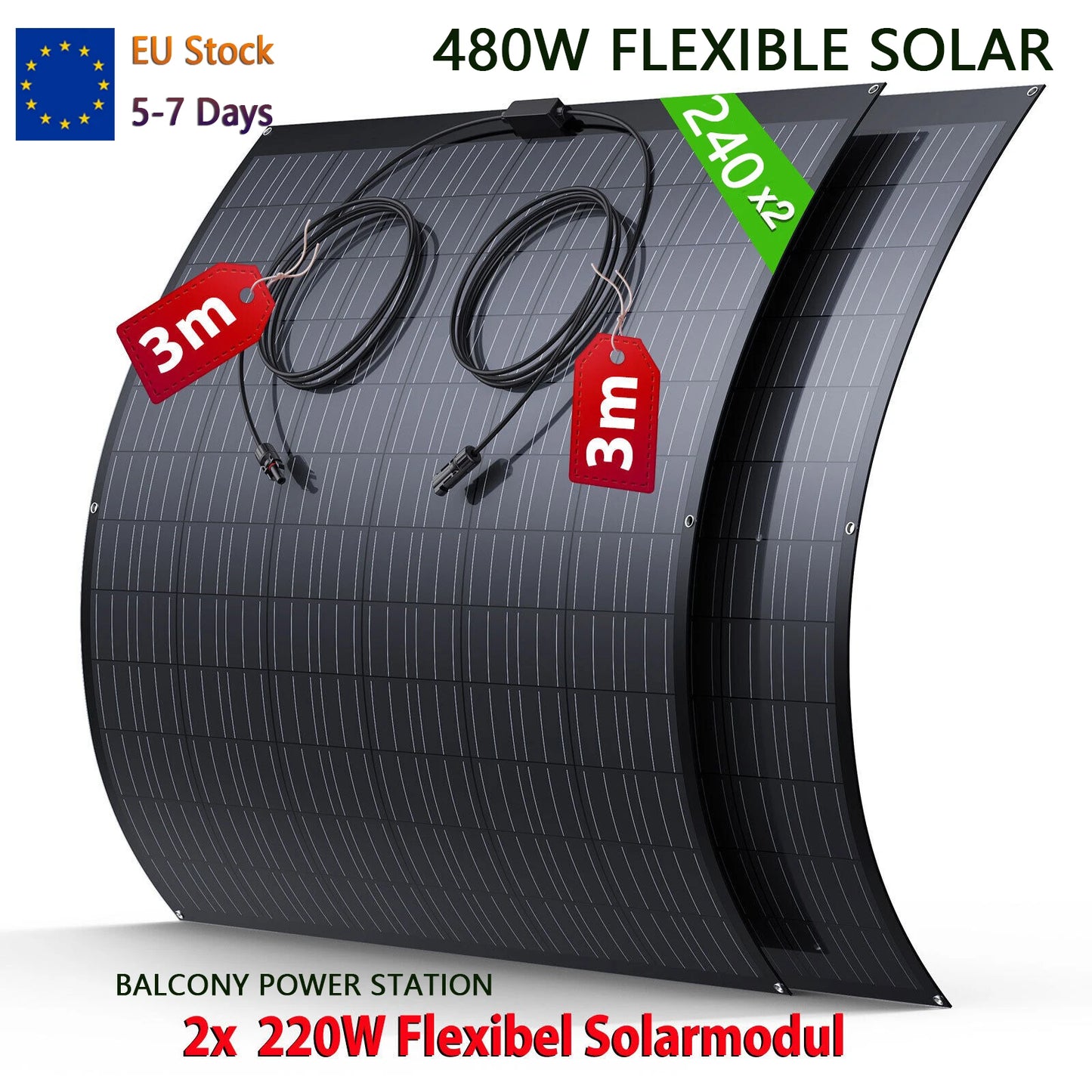 240W/480W Flexible Solar Panel Kit (2×120W / 2×240W), ETFE Surface, High Efficiency 18.6%, IP67, for RV, Boat, Roof