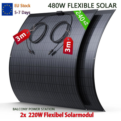 240W/480W Flexible Solar Panel Kit (2×120W / 2×240W), ETFE Surface, High Efficiency 18.6%, IP67, for RV, Boat, Roof