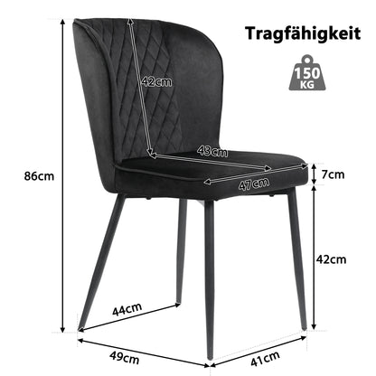 Eetkamerstoel – Set van 2 - Stoel Voor Eetkamer – Bureaustoel – Extra Zitplaats – Metalen Frame – Fluwelen Bekleding – Hoge Dichtheid Schuim - Zwart