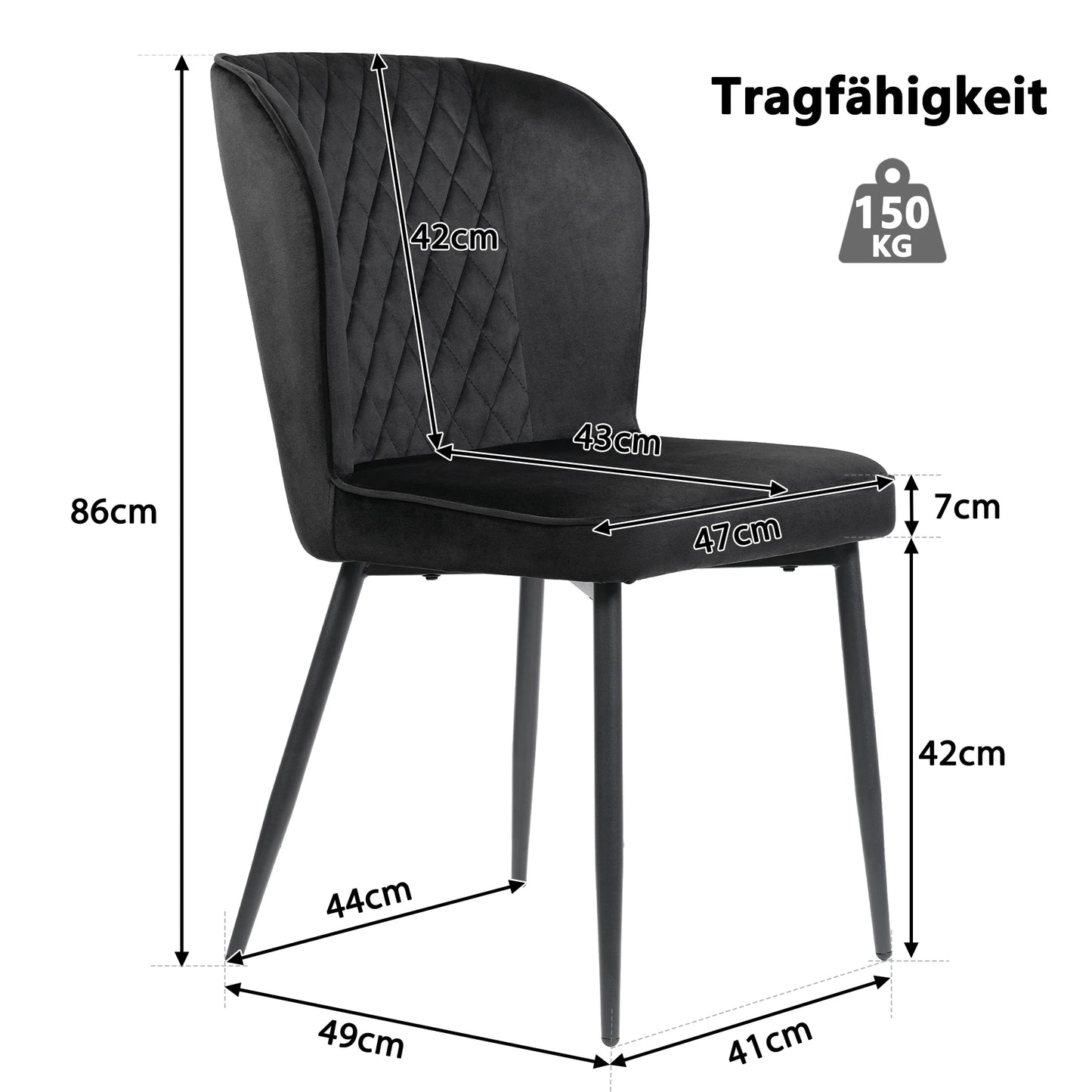 Eetkamerstoel – Set van 6 - Stoel Voor Eetkamer – Bureaustoel – Extra Zitplaats – Metalen Frame – Fluwelen Bekleding – Hoge Dichtheid Schuim - Zwart