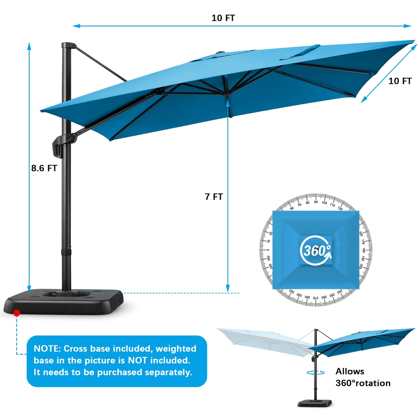 Parasol - Zweefparasol - Vrijdragende Parasol – Grote Parasol – Tuinparasol – Draaibare Parasol – 3X3 Meter – UV-Bestendig – Waterafstotend - Blauw