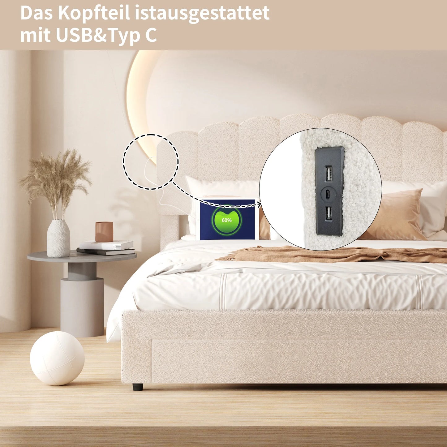 2-Persoonsbed – Tweepersoonsbed – Bedframe – Slaapbed – Jeugdbed – 140x200 cm – Verstelbaar Teddy Hoofdbord – Opberglade met USB Oplaadstation
