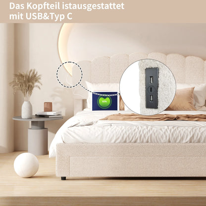 2-Persoonsbed – Tweepersoonsbed – Bedframe – Slaapbed – Jeugdbed – 140x200 cm – Verstelbaar Teddy Hoofdbord – Opberglade met USB Oplaadstation