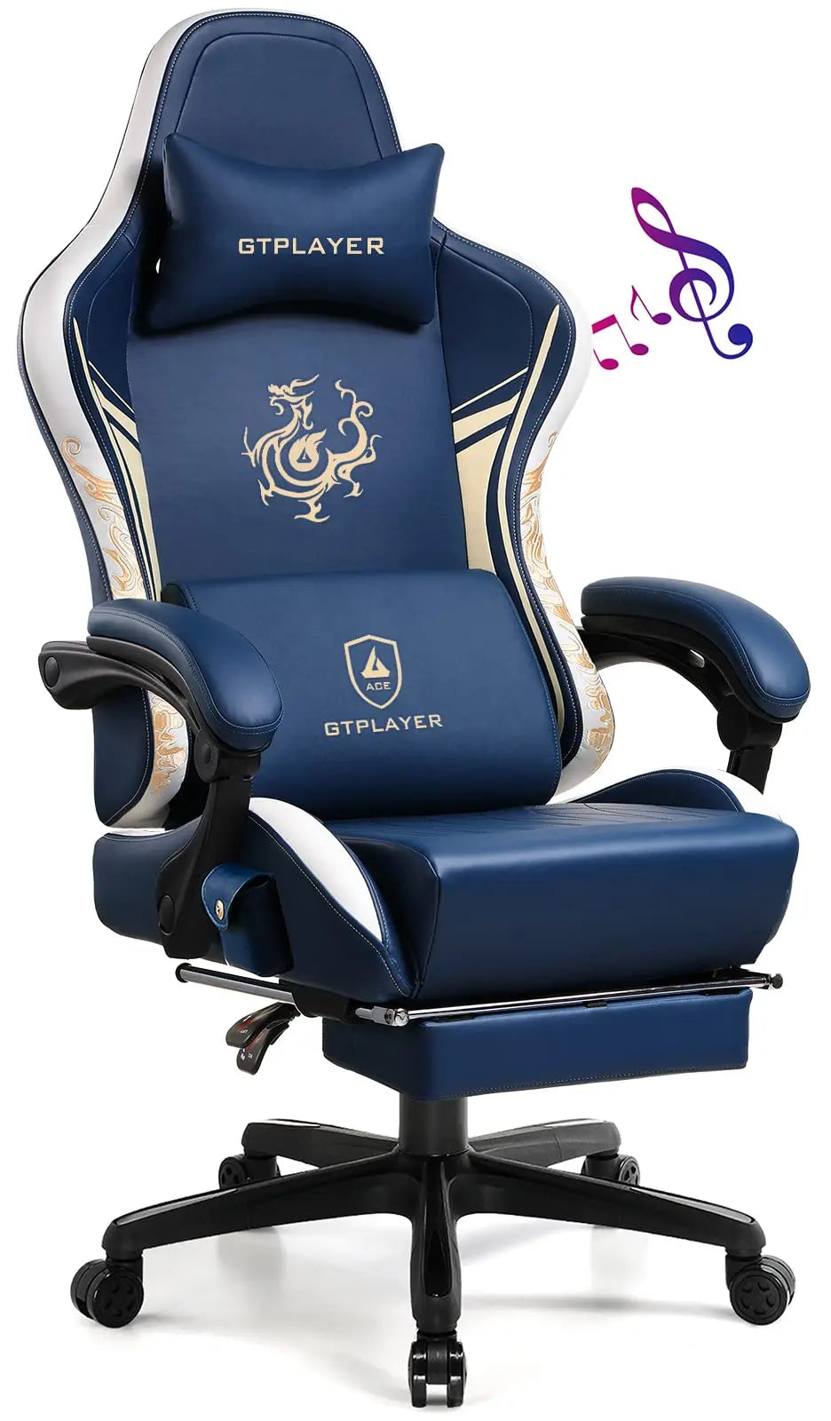 Bluetooth Gamingstoel – Gamestoel – Bureaustoel – Gaming Chair – Werkstoel – Bluetooth 5.1 Speakers – Verstelbare Rugleuning 150° – Uittrekbare Voetensteun – Kunstleer – Blauw